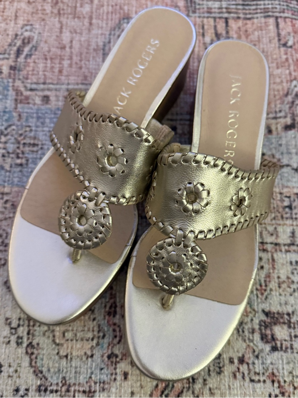NEW! Jack Rogers Gold Leather Thong Slide Wedge Sandals